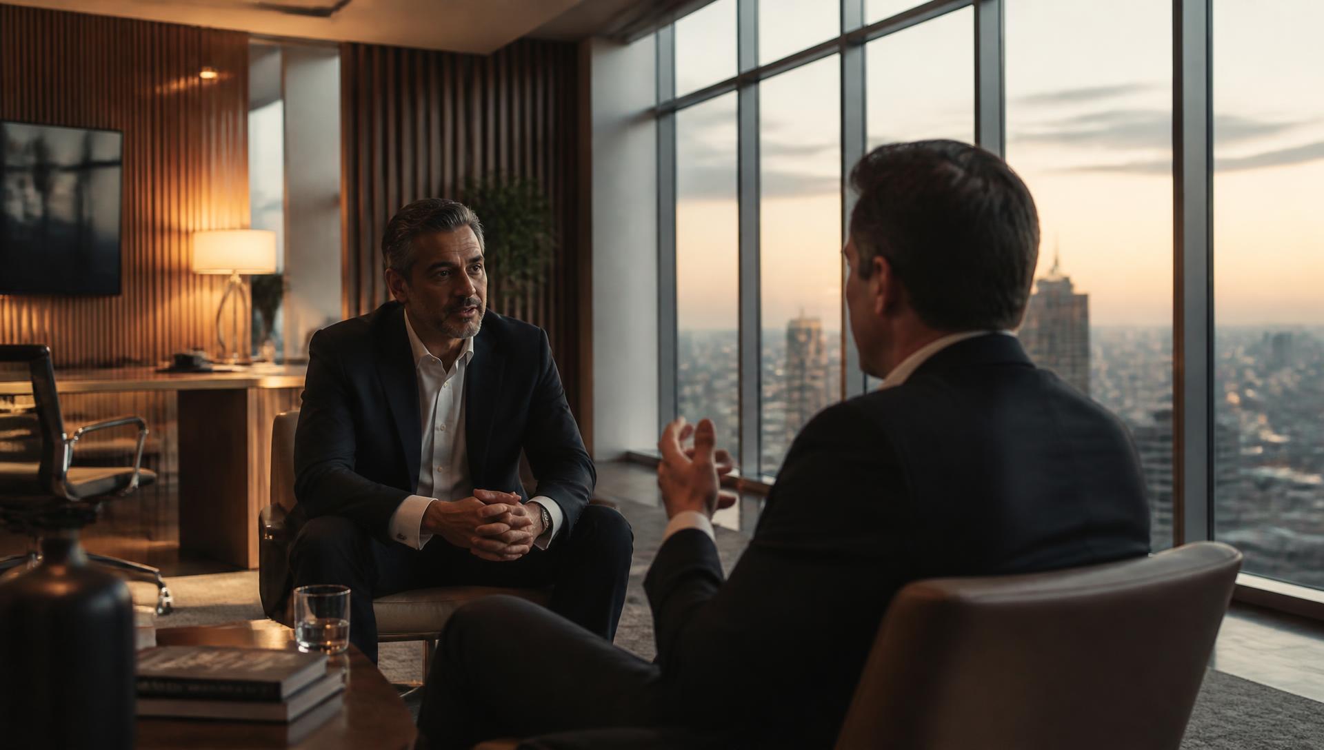 Two executives in conversation in a modern boardroom overlooking a city skyline at dusk